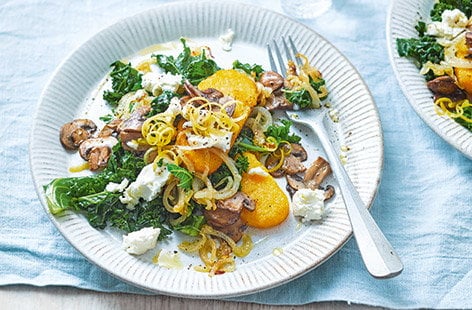Image of "Griddled polenta with lemon kale and mushrooms"