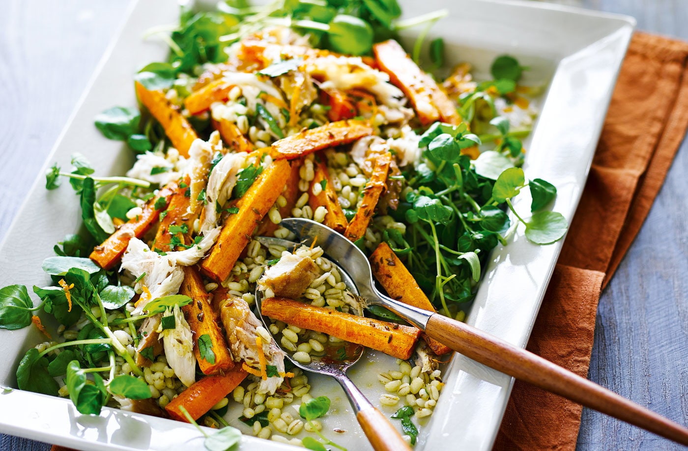 Roasted carrot, barley and smoked mackerel salad
