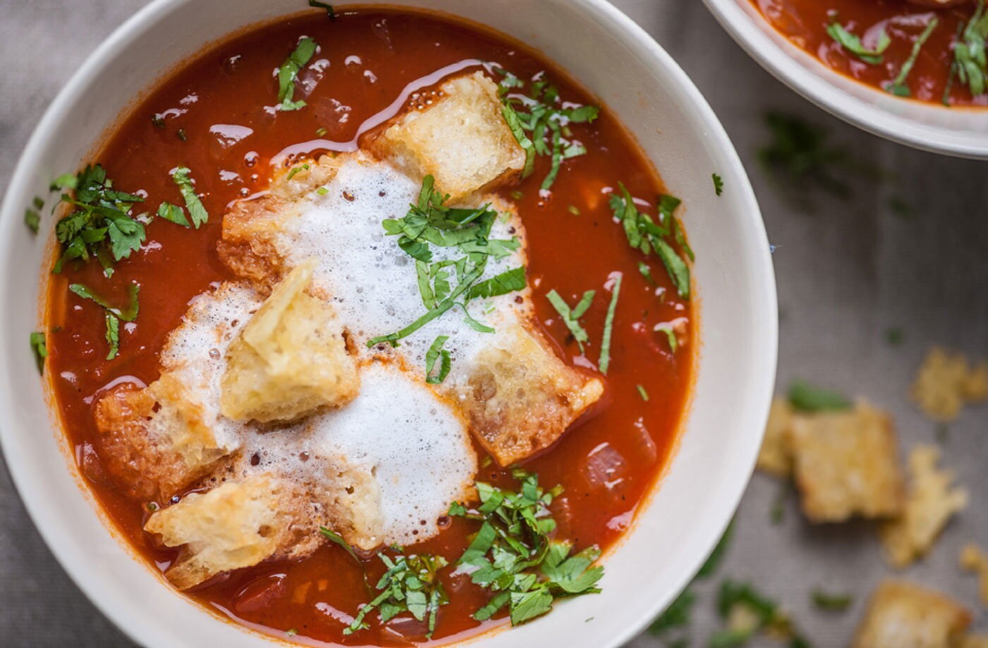 Frances Atkins' tomato soup with cheesy croutons and bubbles