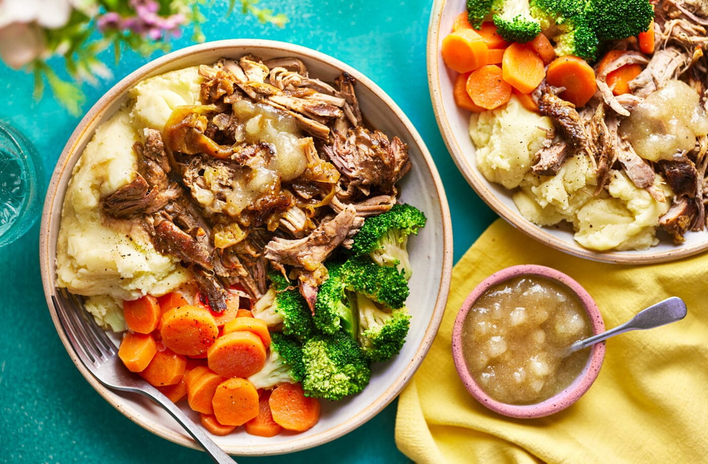 Braised pork with apples and creamy mash