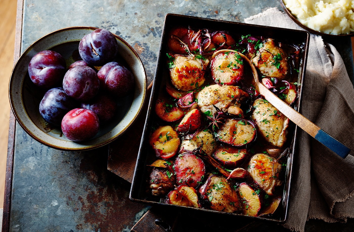 Chicken and plum traybake