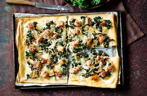 Image of "Sausage and kale pizzas"
