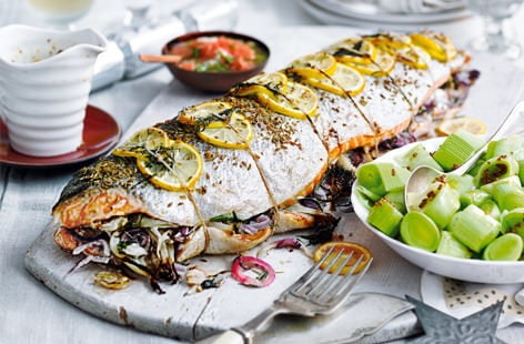 Image of "Stuffed salmon with mustard-honey leeks"