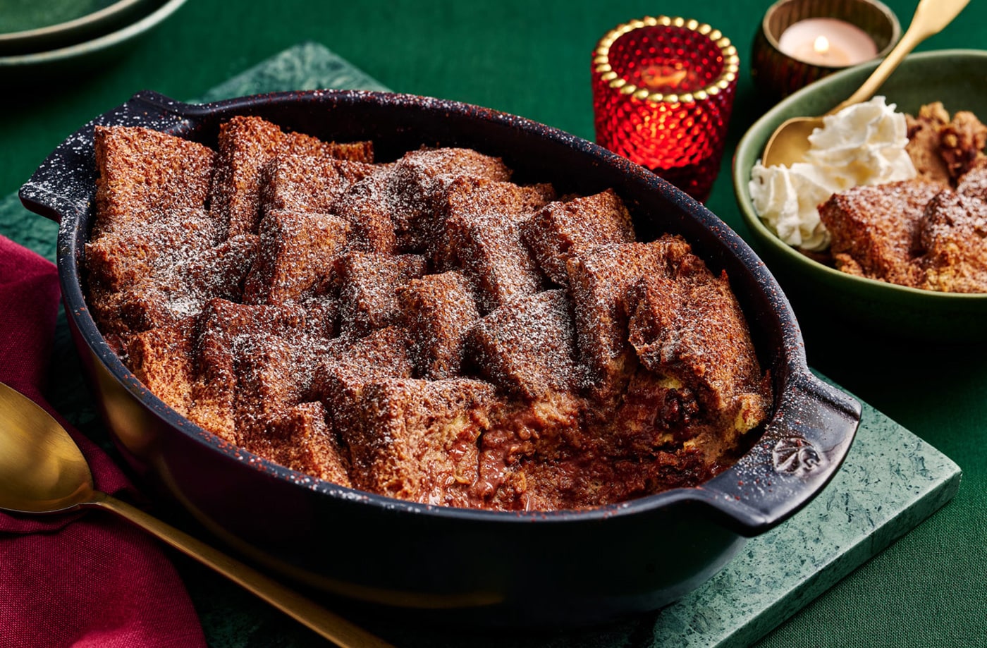 Hot chocolate bread and butter pudding