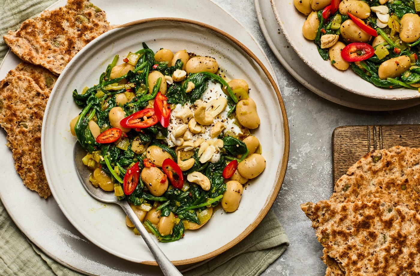 Saag aloo-style butter beans with flatbreads