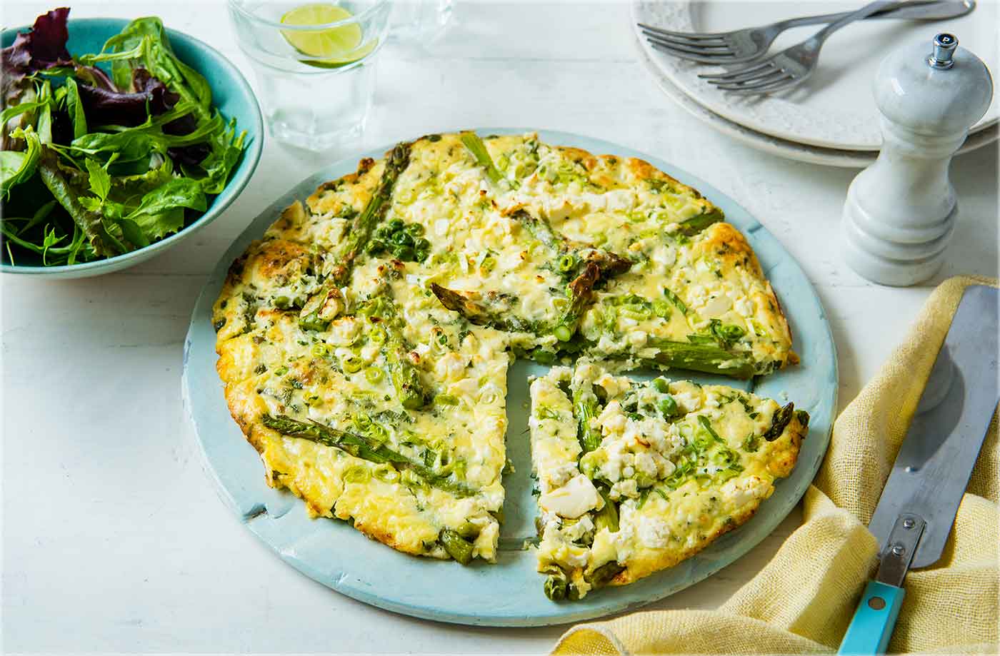 Crustless quiche with asparagus and peas