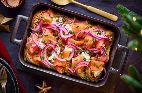 Image of "Smoked salmon and crumpet bread and butter pudding"