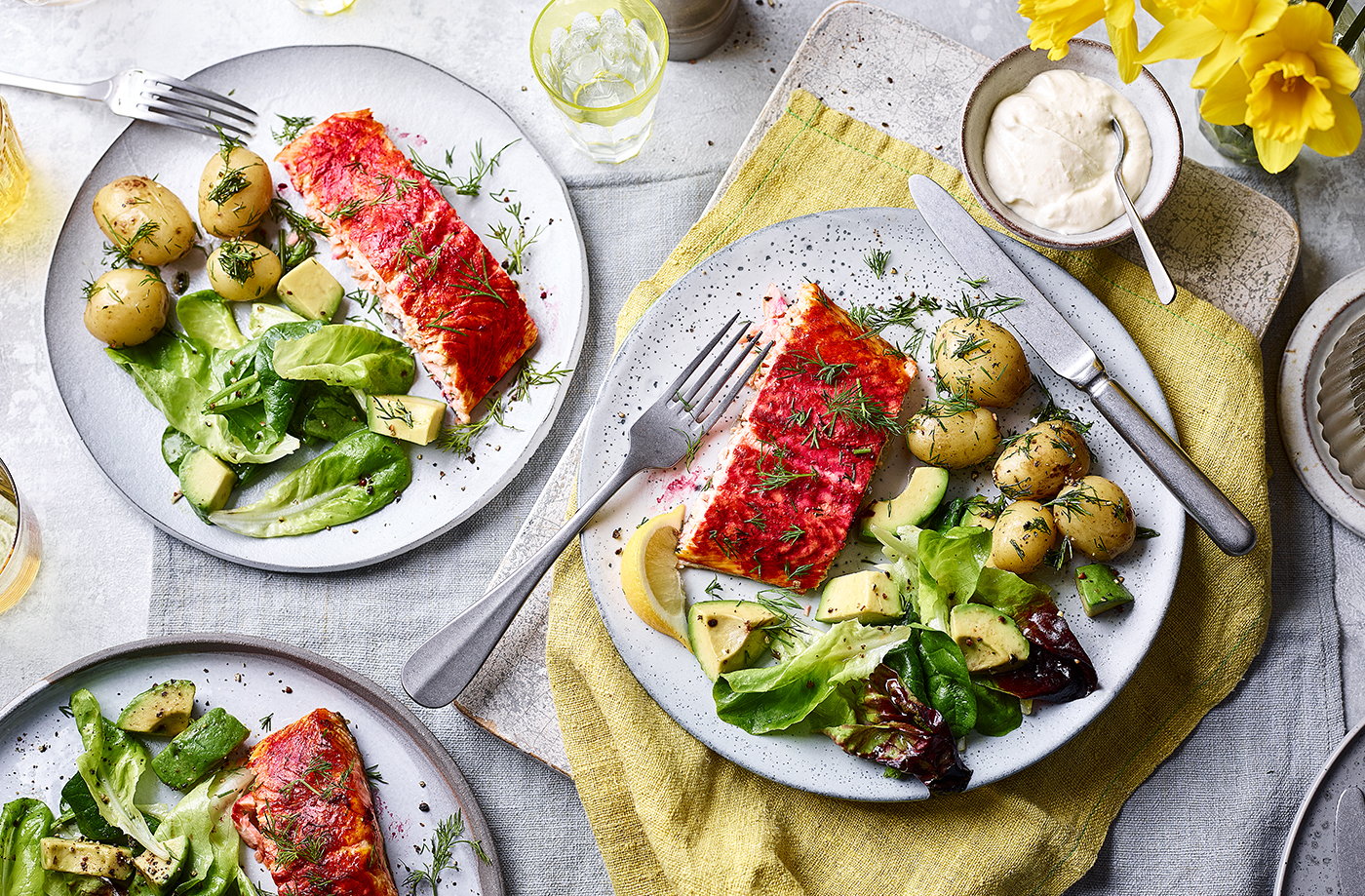 Beetroot-marinated salmon with horseradish cream
