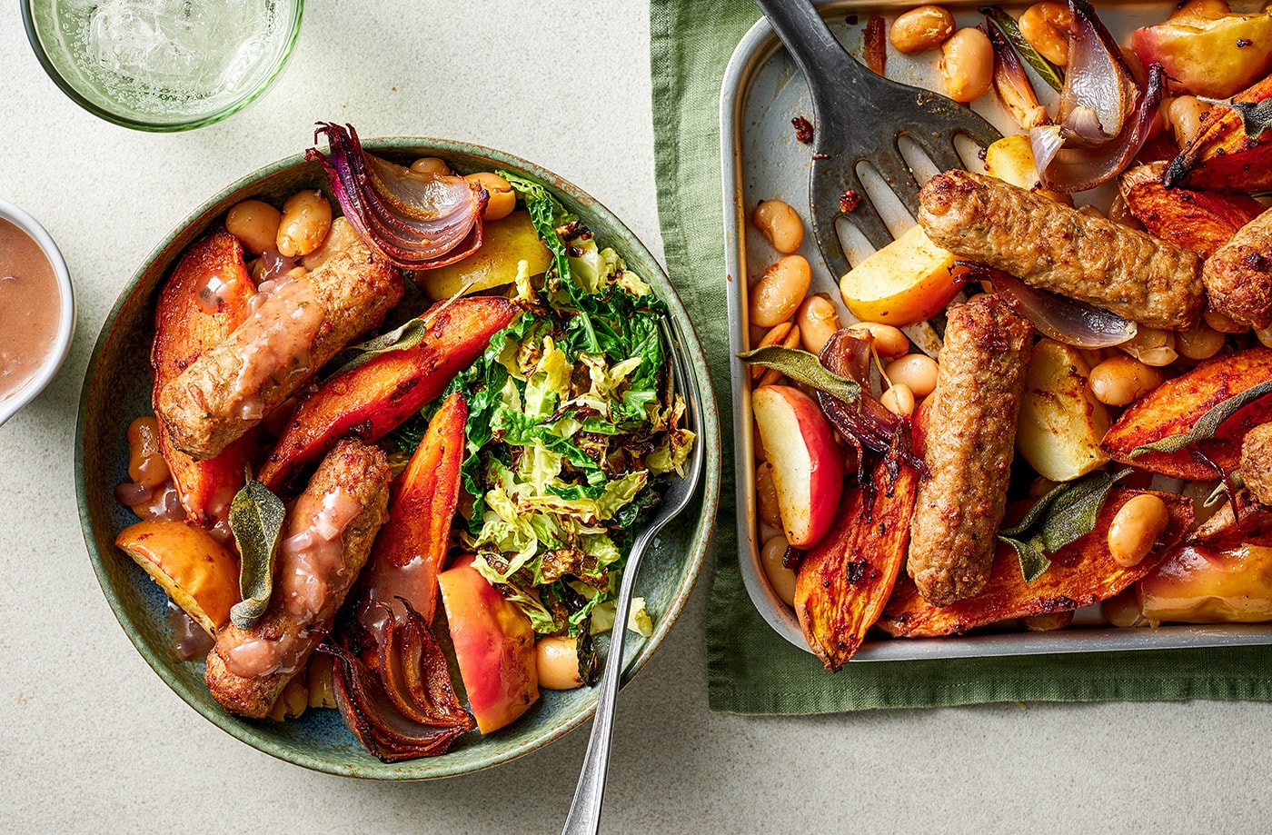 Veggie sausage, apple and sweet potato traybake