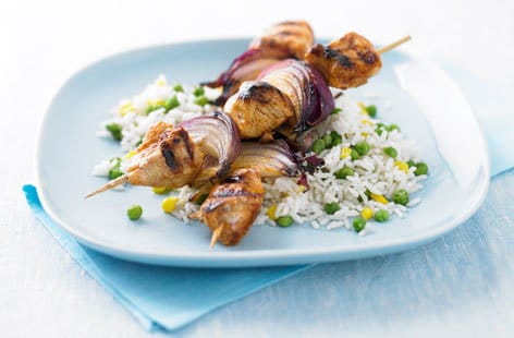 Image of "Cajun chicken kebabs with rice"