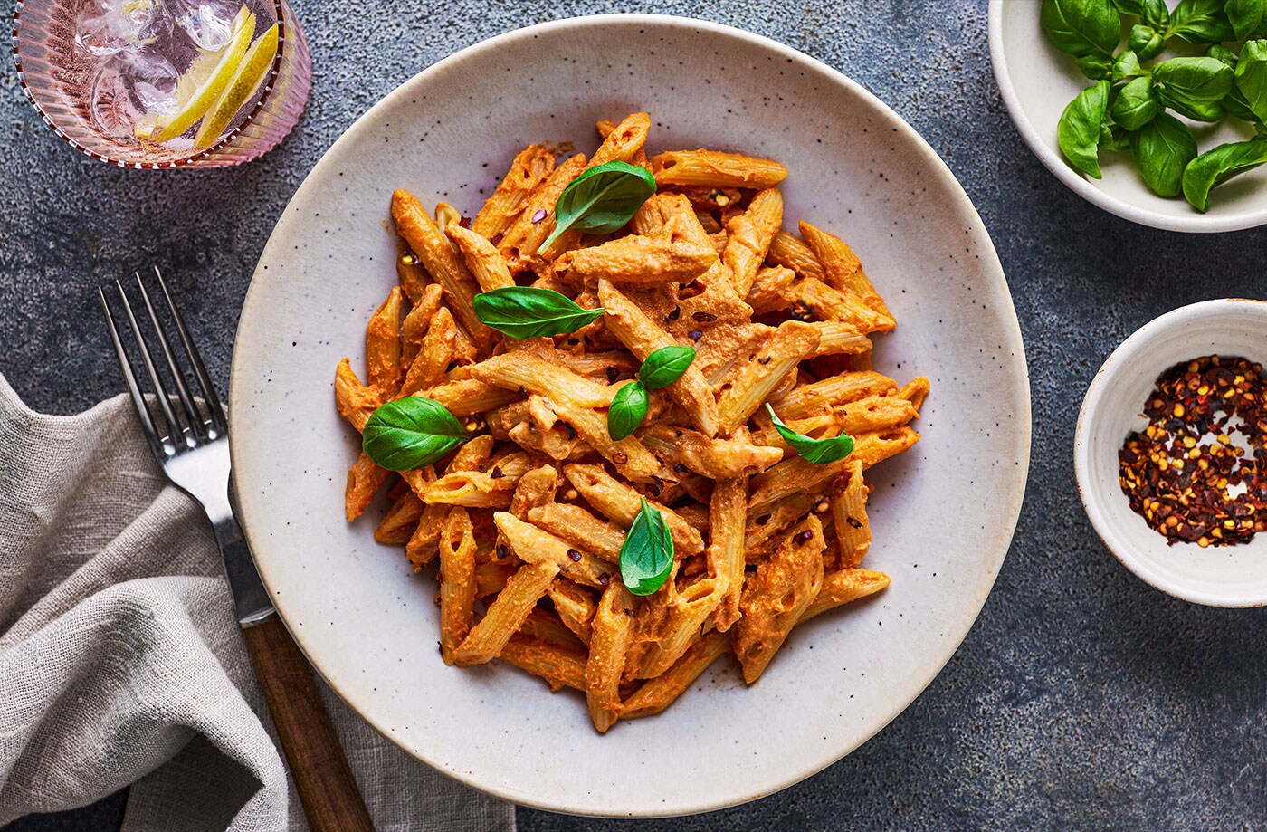 Creamy sundried tomato and basil tofu pasta