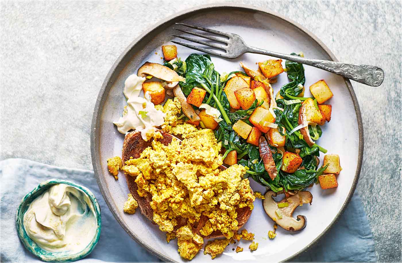 Tofu scramble with potato, spinach and shiitake hash
