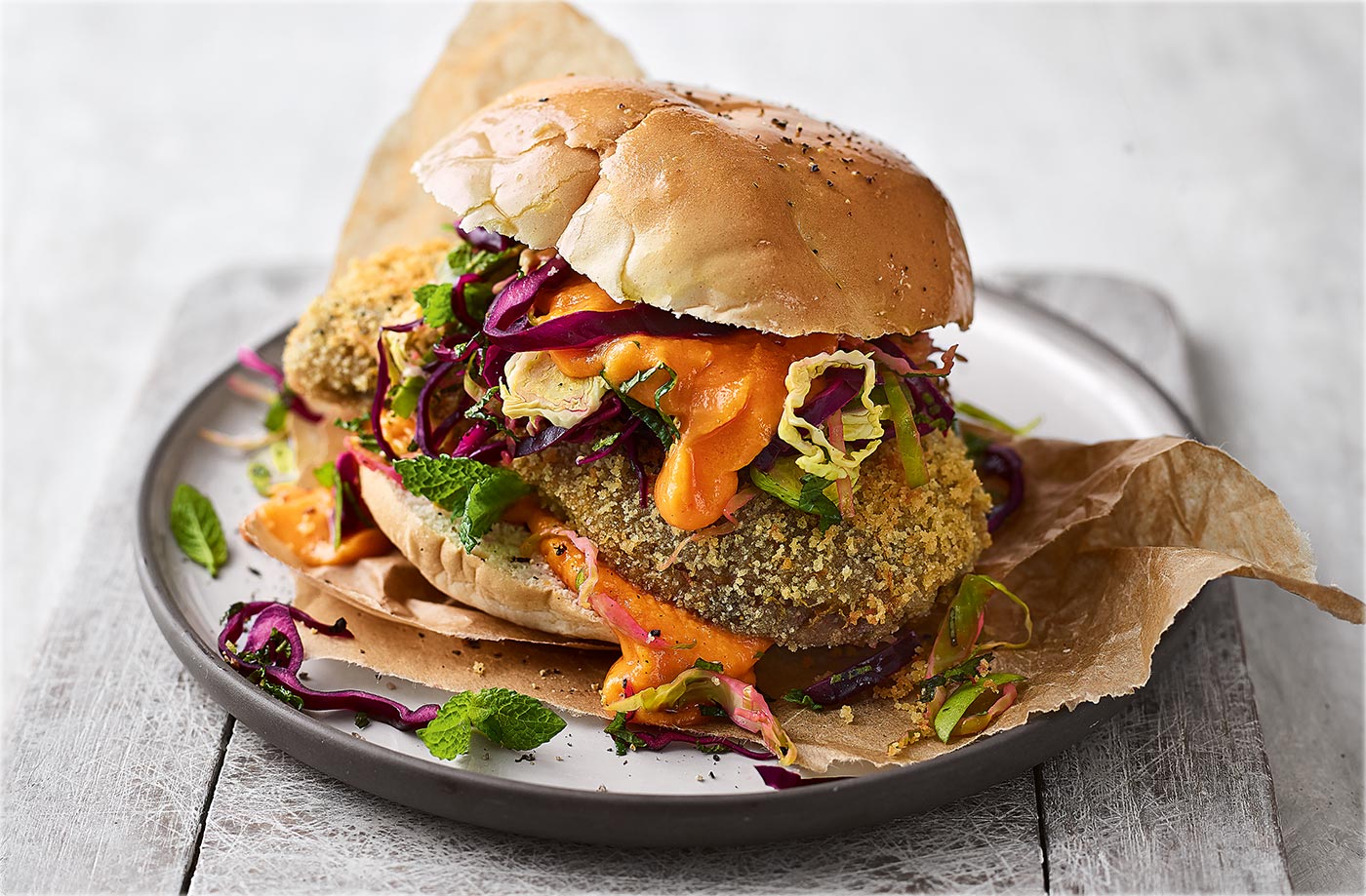 Crispy aubergine sandwich with sprout slaw and sweet potato ‘mayo’