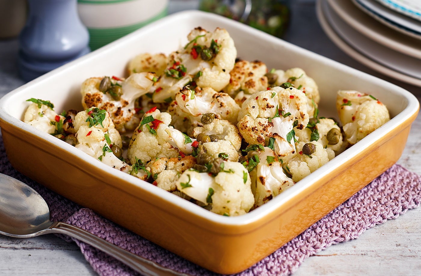 Roasted cauliflower with lemon, caper and chilli dressing