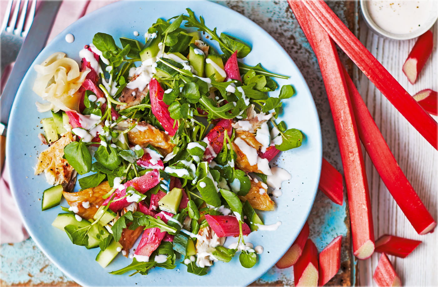 Warm rhubarb and mackerel salad