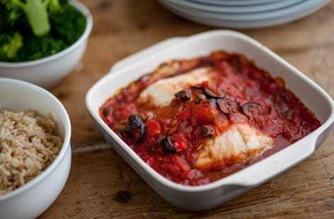 Image of "Andy Waters' baked cod with tomato sauce"