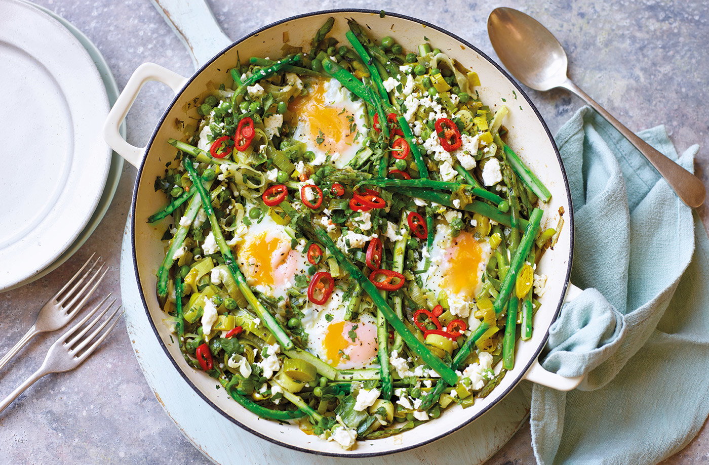 One-pot asparagus, leeks, chilli and eggs