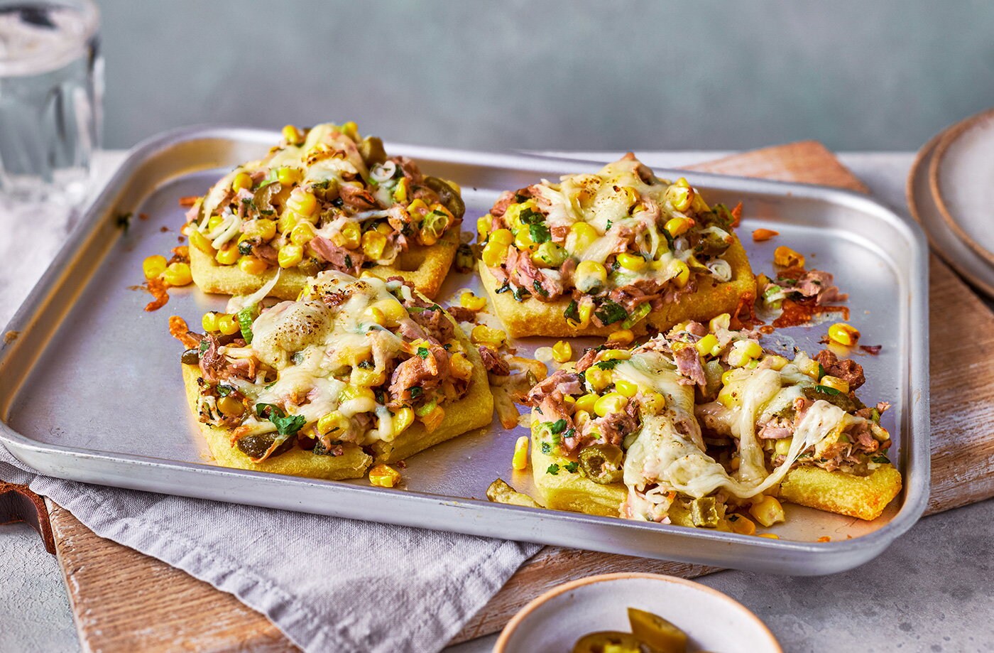 Tuna melt loaded waffles