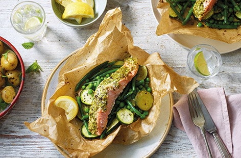Image of "Pesto salmon parcels with green veg"