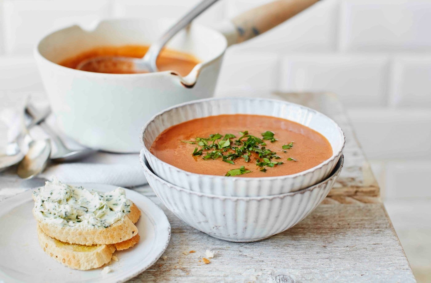 Beetroot, cumin and carrot soup with goat's cheese toasts