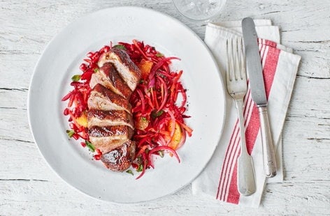 Image of "Spiced duck breasts with beetroot, orange and pomegranate slaw"