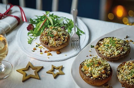 Image of "Chestnut-stuffed mushrooms with walnut crumb"