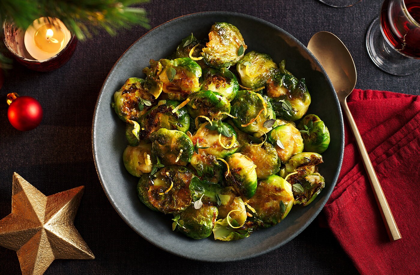 Salted honey smashed sprouts