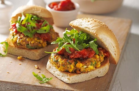 Image of "Sweetcorn and chickpea burgers with smoky tomato sauce"