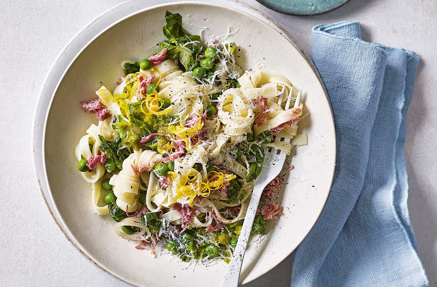 Braised pea, lettuce and ham tagliatelle