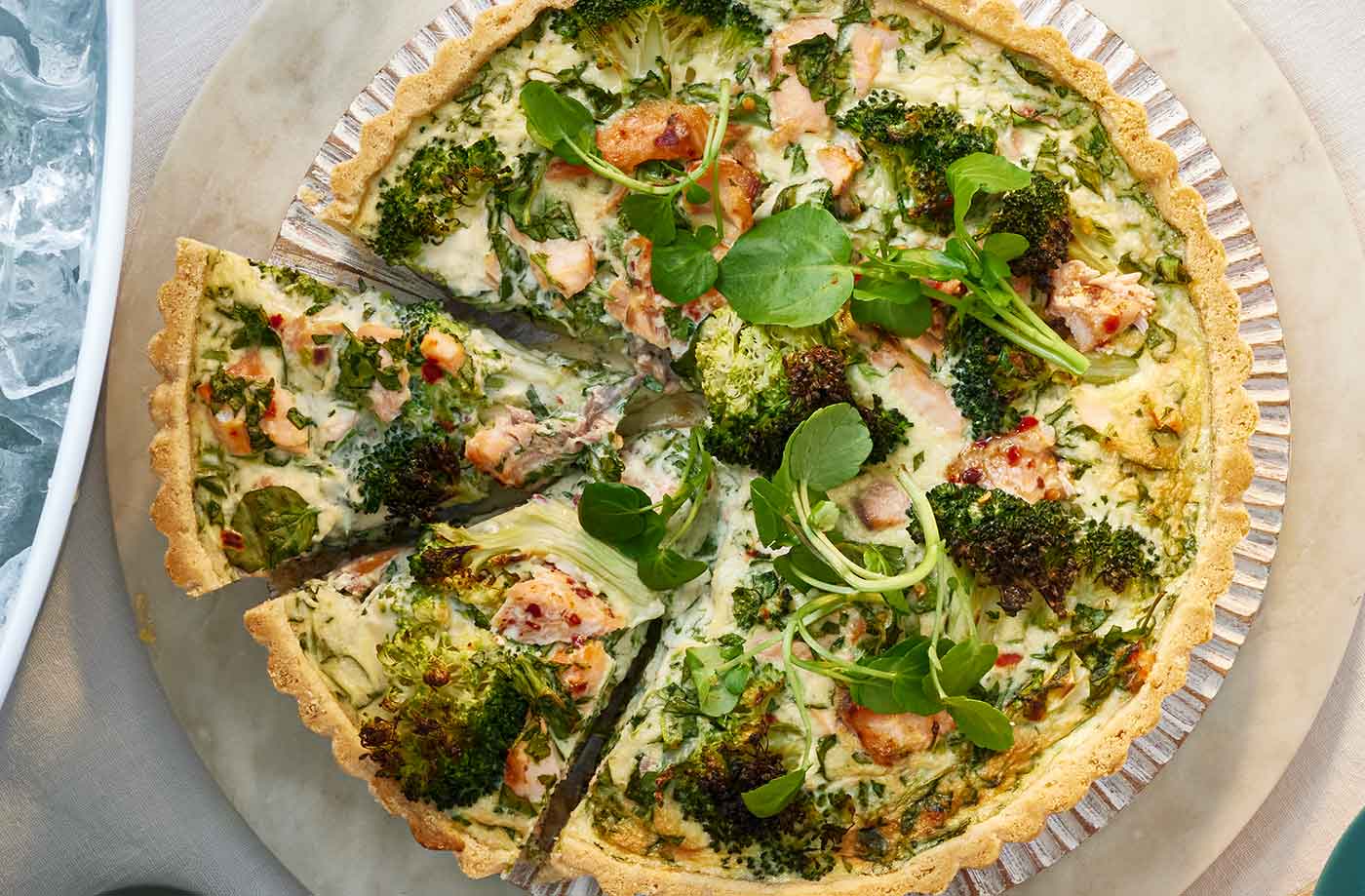 Salmon, broccoli and watercress quiche