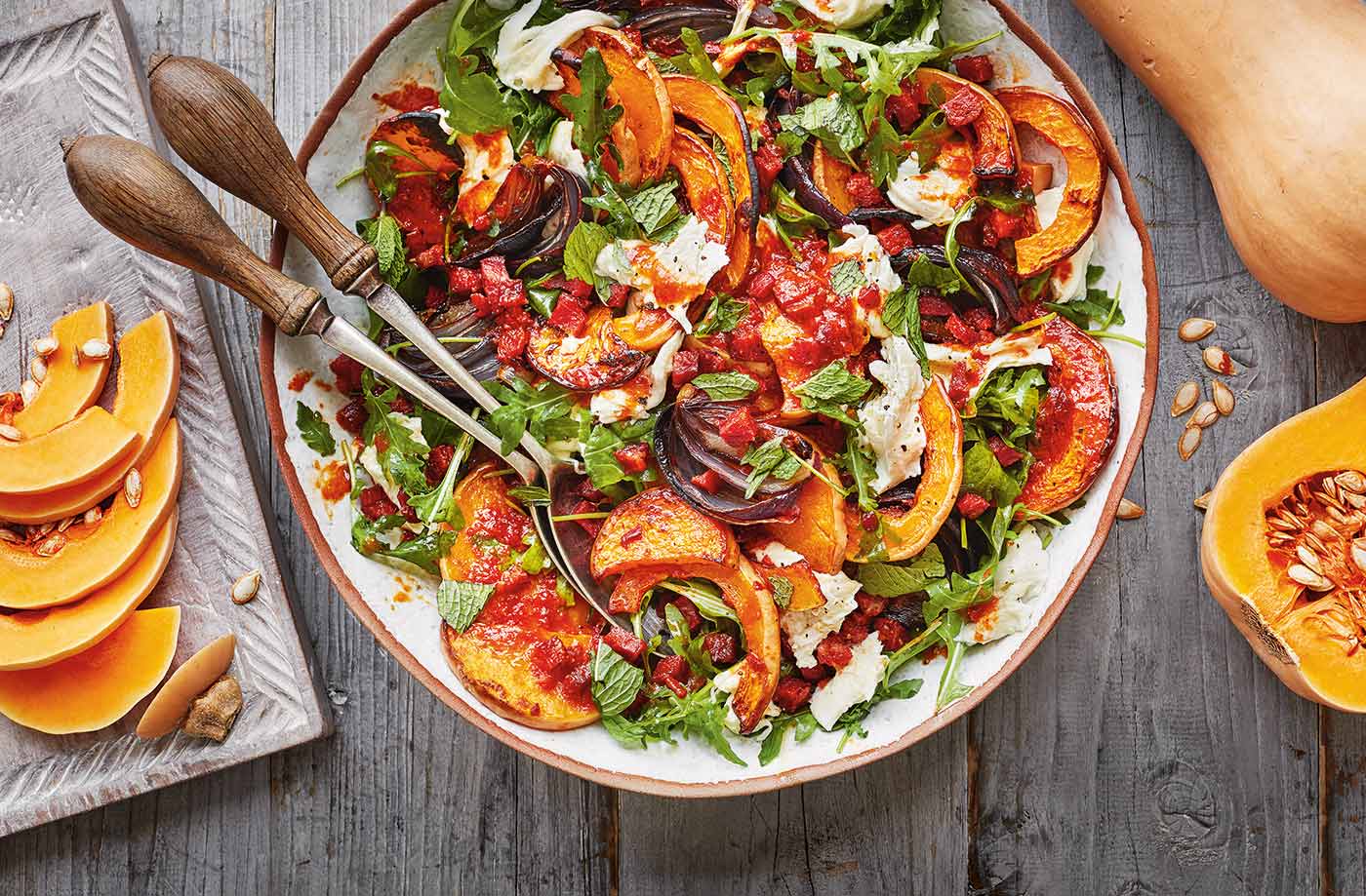 Squash, chorizo and mozzarella salad