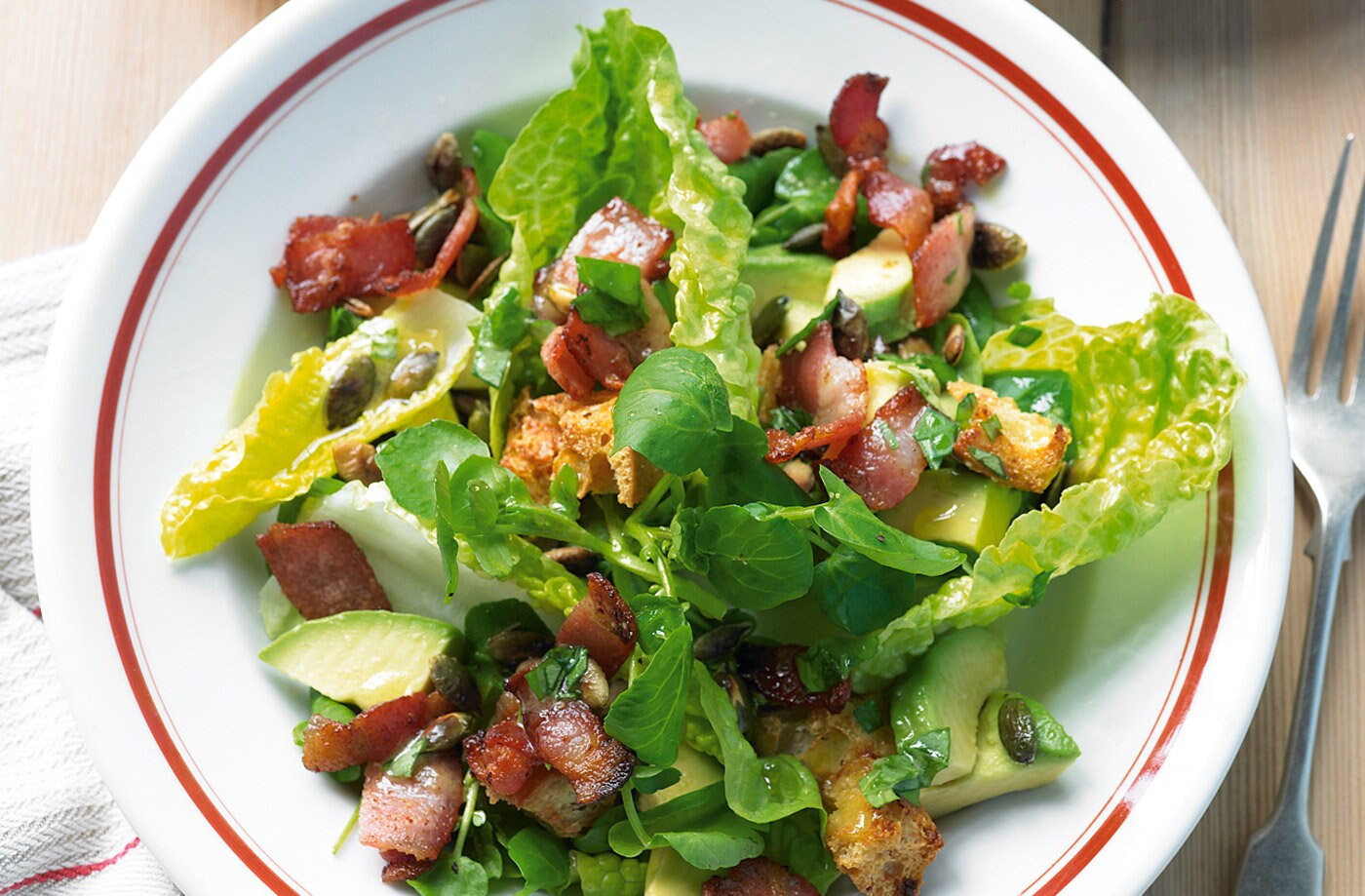 Bacon and avocado salad with Parmesan croutons