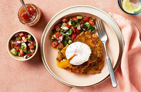 Image of "Dhal fritters with cucumber and tomato salad"