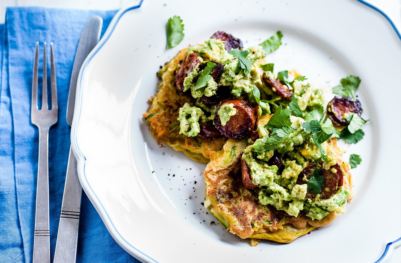 Veg pancakes with avocado and chorizo