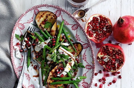 Image of "Grilled aubergines with green beans, feta and pomegranate seeds"
