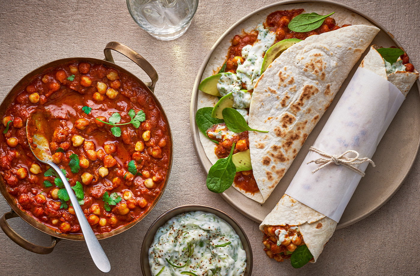 Spiced chickpea wraps with vegan raita