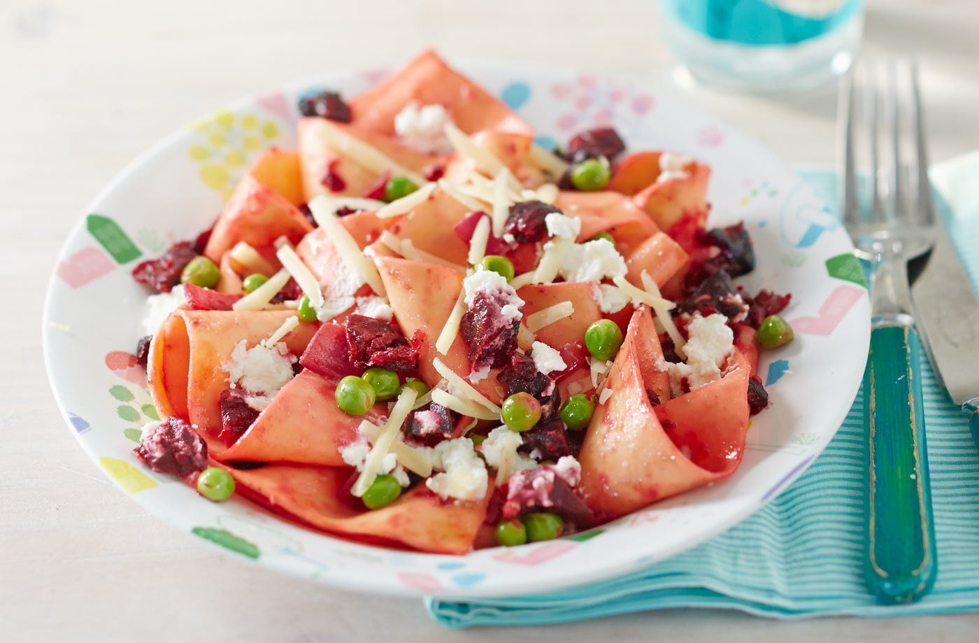 Roast beetroot pappardelle with peas and ricotta