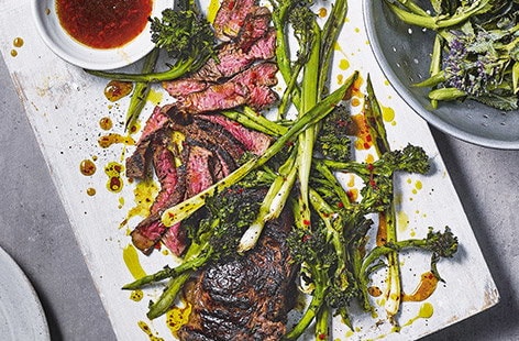 Image of "Griddled steak and purple sprouting broccoli with sticky mango sauce"