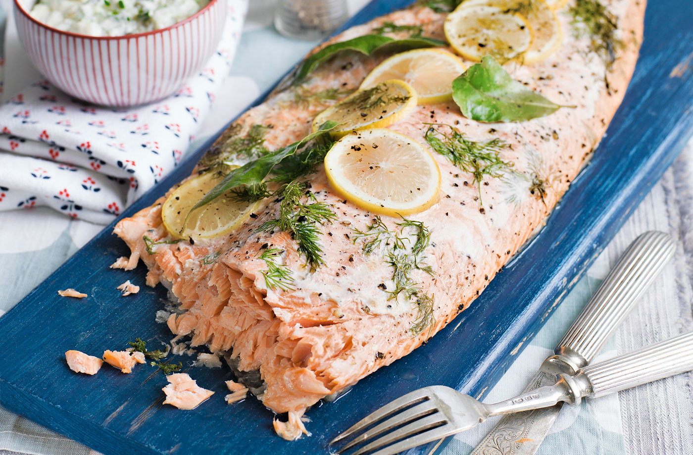 Lemon, dill and bay baked salmon