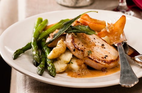 Image of "Cider and honey pork with cracked potatoes"