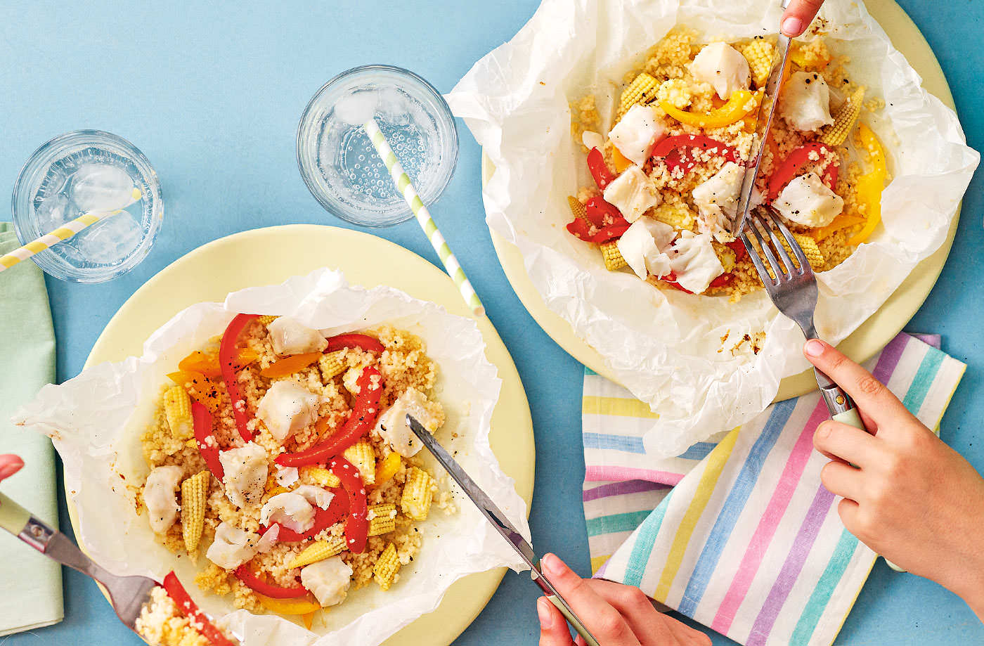 Fish and veggie parcels with couscous