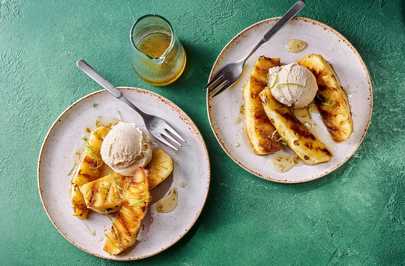 Grilled pineapple with rum-spiked lime syrup