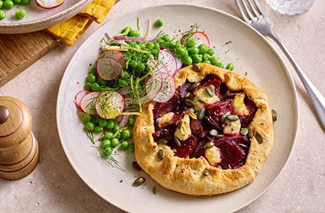 Image of "Beetroot galettes with pea and radish salad"