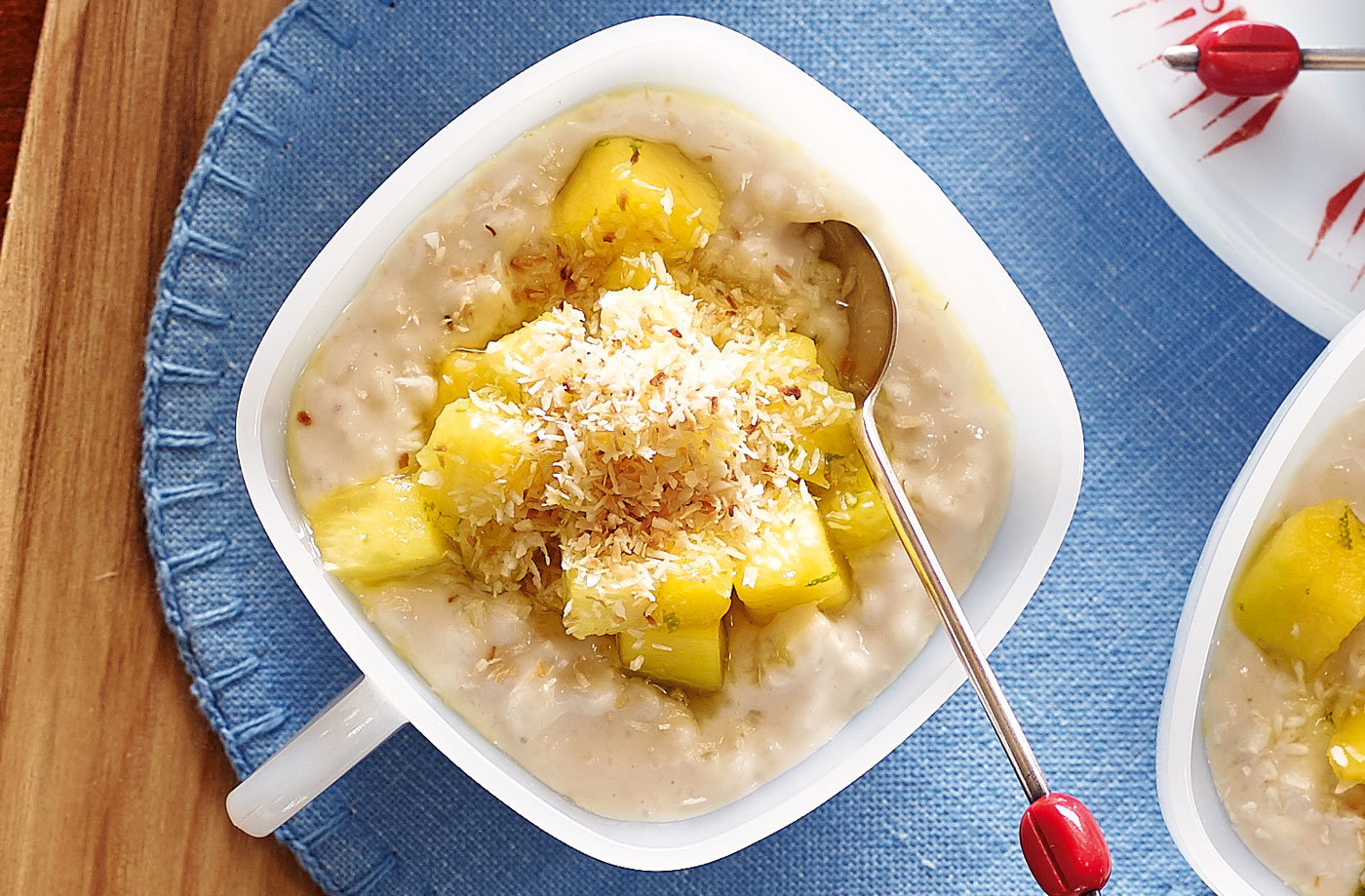 Coconut rice pudding with pineapple and mango
