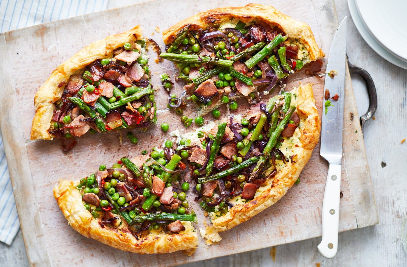 Spring galette with peas, bacon, asparagus, cheese and chilli