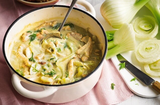 Chicken and fennel ragout with crispy lemon and herb potatoes