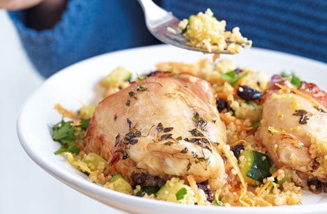 Image of "Thyme, honey and garlic roasted chicken with fruity couscous"