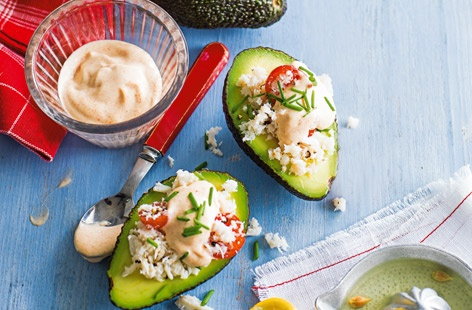 Image of "Avocado stuffed with crab and paprika mayonnaise"
