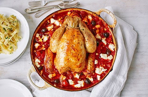 Image of "Greek chicken pot roast served with buttered tagliatelle"