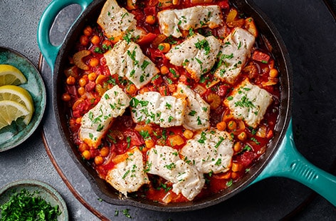 Image of "One-pan cod, chorizo and chickpea bake"